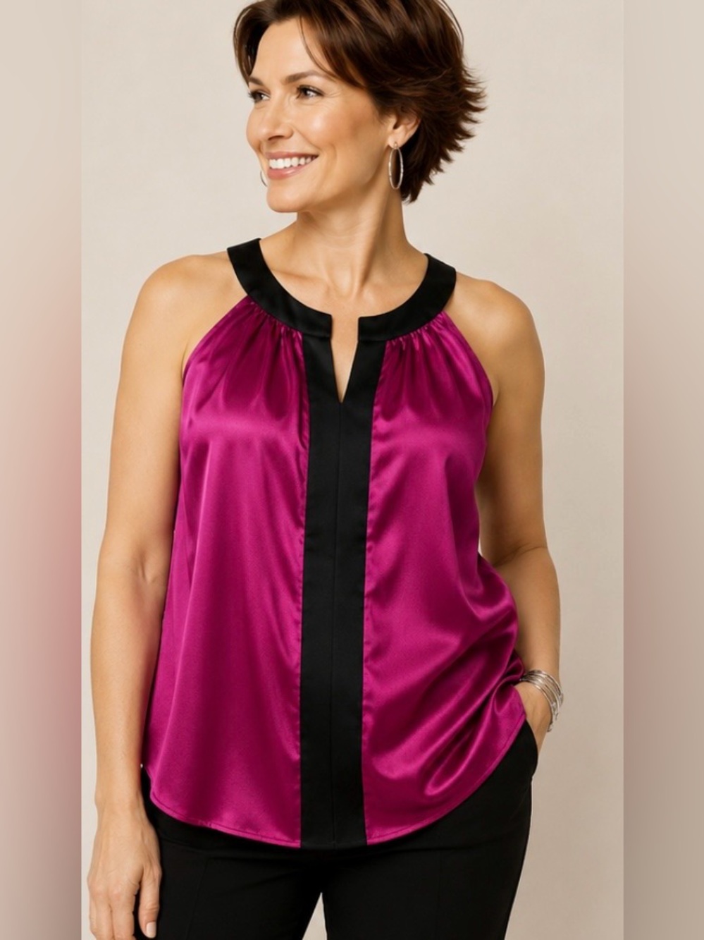 NWT Tahari Marlee Blouse XL Satin Sleeveless Pink Black